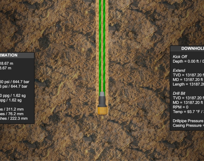 Cross-sectional view of a borehole with tables listing local and downhole information, including measurements for TVD, Annular Density, Casing ID, and other drilling parameters.