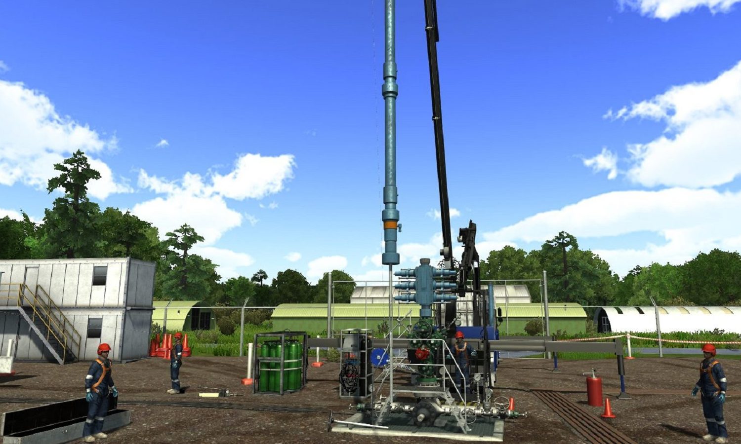 Workers operating machinery at an outdoor industrial site with pipelines and equipment under a bright blue sky.
