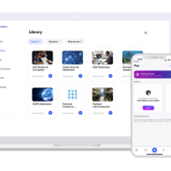 A laptop and smartphone display an interface of an online learning platform, showcasing a library of courses on cybersecurity and related topics.