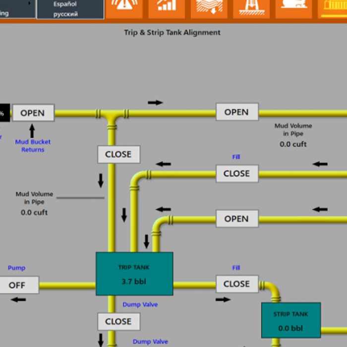 Schematic showing the trip and strip tank alignment system for mud handling, including flow meters, dump valves, mud volume indicators, and equipment such as trip tank, gas separator, and choke manifold.