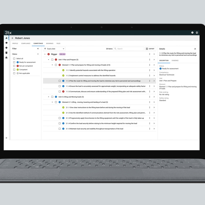 A laptop screen showing a project management interface with lists of tasks, progress indicators, and details of assigned tasks. The sidebar displays various categories and filters for navigation.