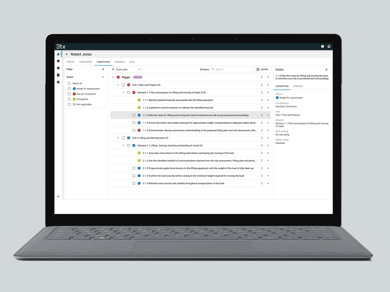 A laptop screen showing a project management interface with lists of tasks, progress indicators, and details of assigned tasks. The sidebar displays various categories and filters for navigation.