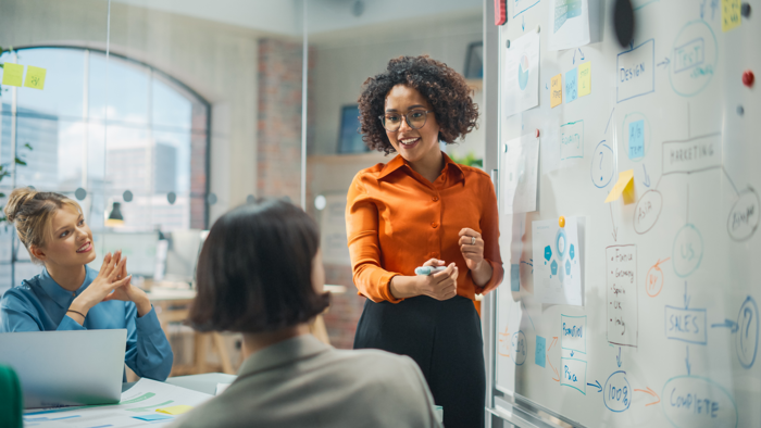 A person presenting ideas on a whiteboard in a meeting room, with two colleagues seated and listening attentively.