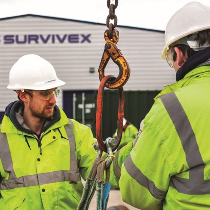 Two workers in high-visibility jackets and hard hats inspect a suspended hook. A building with the sign "AIS Survivex" is in the background.