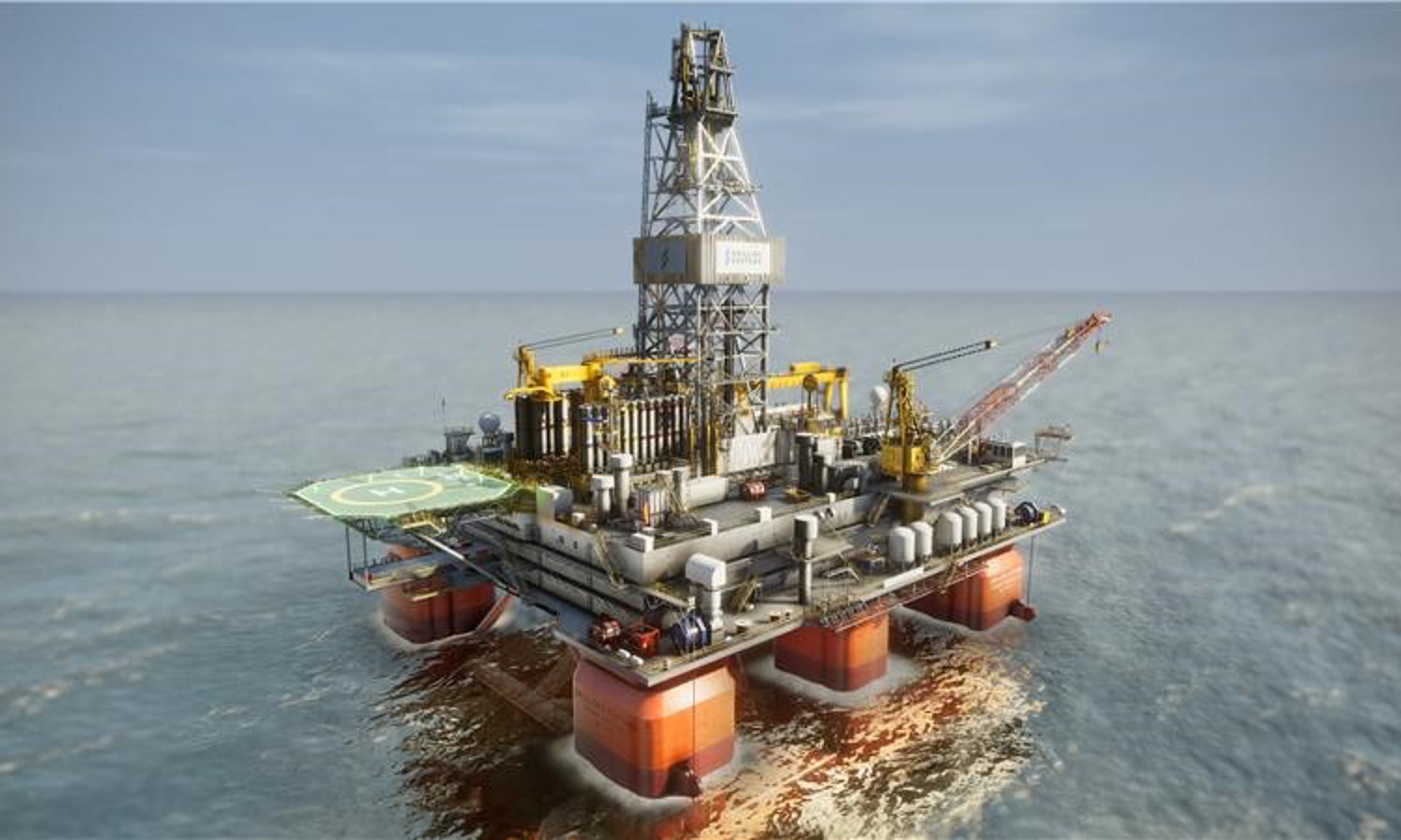 منصة نفطية بحرية مزودة بمهبط للطائرات العمودية ورافعات في بحر هادئ تحت سماء صافية، وهي على أهبة الاستعداد لمهمتها التالية.