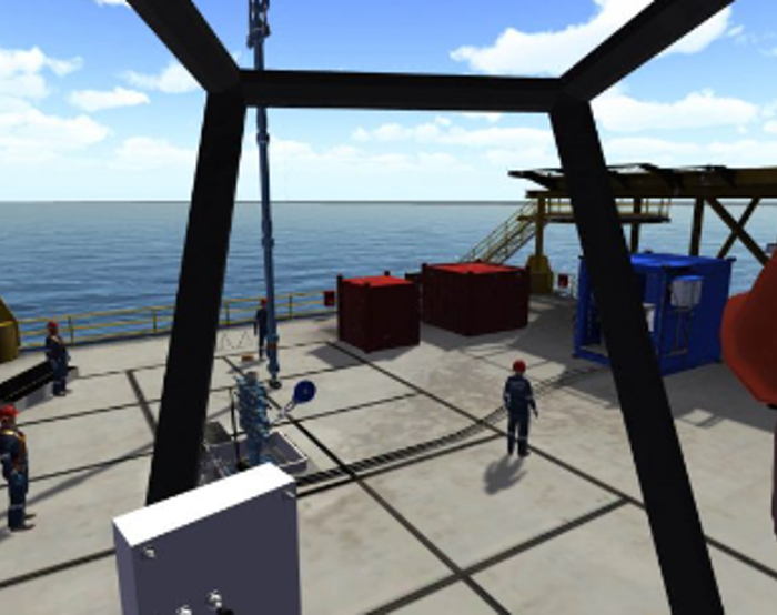 Trabalhadores de uma plataforma offshore desenvolvem várias actividades sob um céu limpo, rodeados por equipamento industrial e equipamento de segurança, com o oceano como pano de fundo.