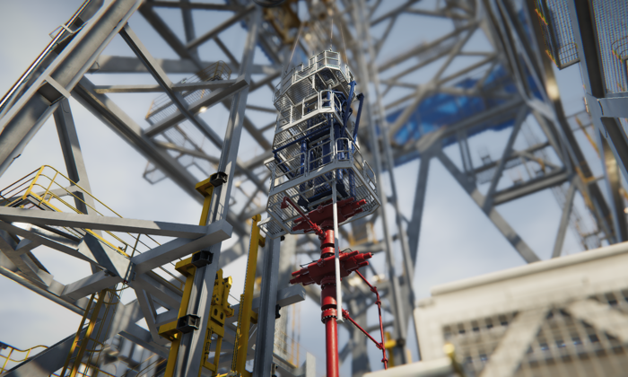 Close-up view of an offshore drilling rig structure with metal framework, platforms, stairs, and industrial equipment under a clear sky.