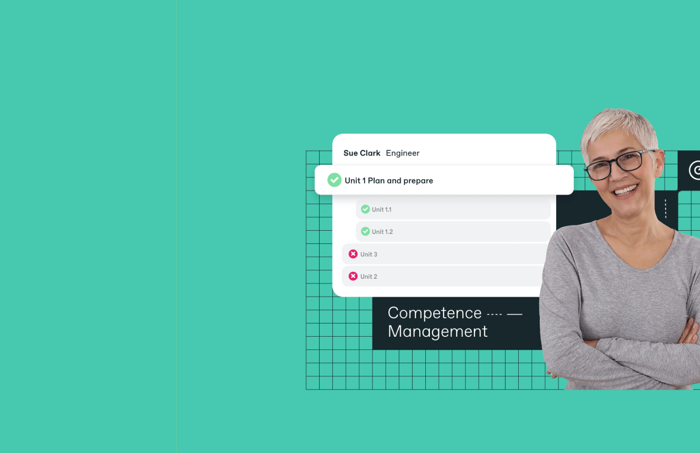 Smiling person with short hair stands beside a digital interface displaying a learning module list titled "Competence Management" and name tag "Sue Clark, Engineer.